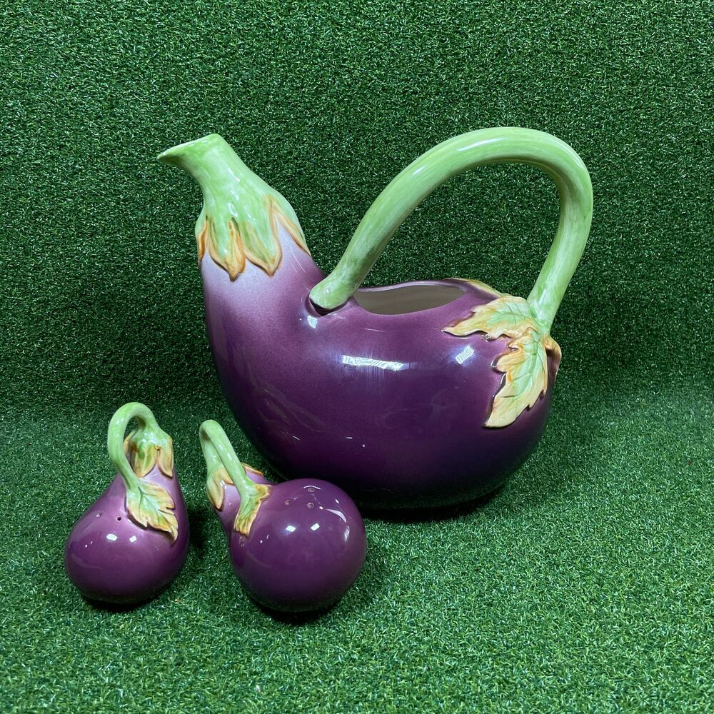 Vintage Fitz & Floyd Eggplant Pitcher Salt Pepper Shakers Set 1989 Purple